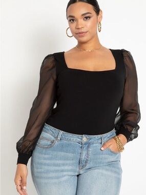 Eloquent Elements Black Square Neck Sheer Sleeve Top - Women
